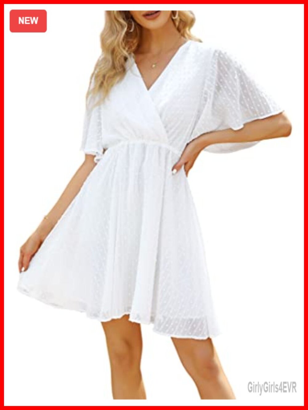 Chiffon Swiss Dot Bell Sleeve A-Line High Waist Wrap Dress